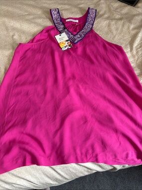 NWT Robert Graham Hot Pink Sleeveless Top with Purple Embroidered Collar